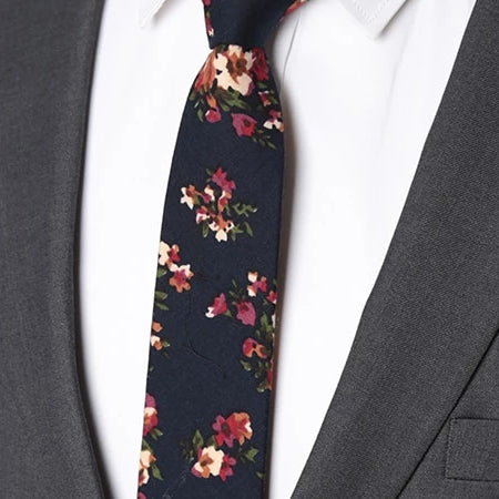 Classy Men Navy Blue Floral Skinny Cotton Tie