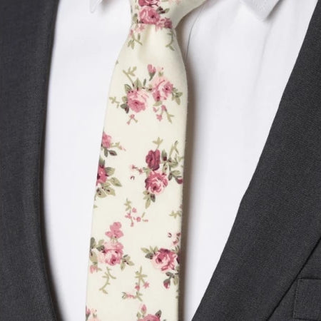 Classy Men White Pink Floral Skinny Cotton Tie
