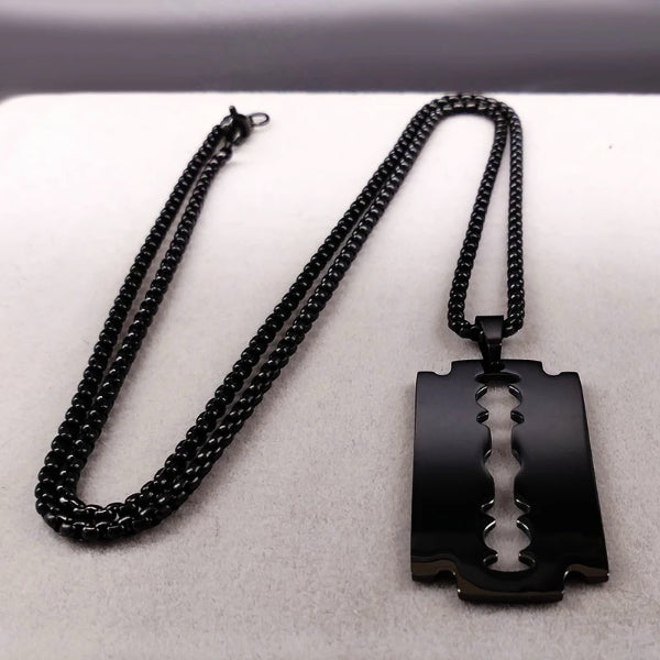 Mens Black Razor Blade Pendant Necklace