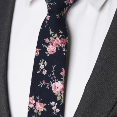 Classy Men Dark Blue Floral Skinny Cotton Tie