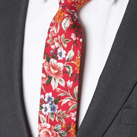 Classy Men Bright Red Floral Skinny Cotton Tie