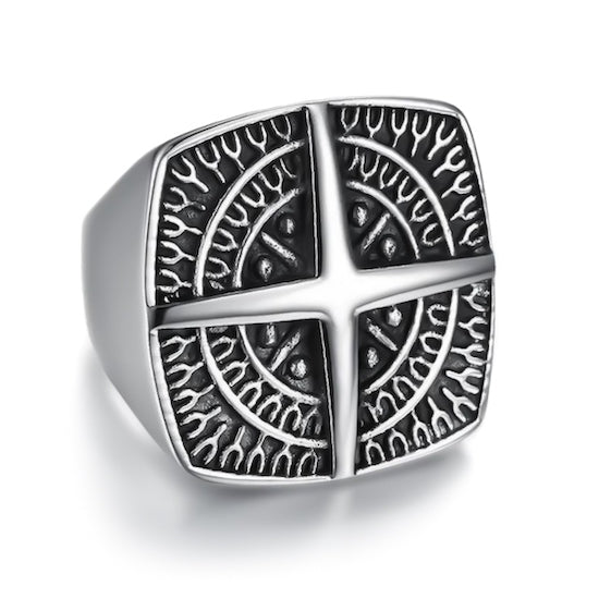 Large compass signet ring for men