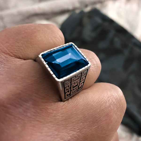 Large square blue stone ring for men