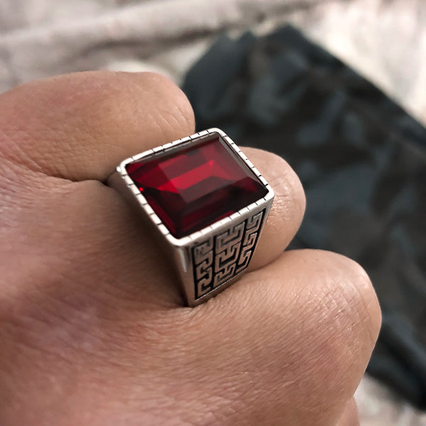Large square red stone ring for men