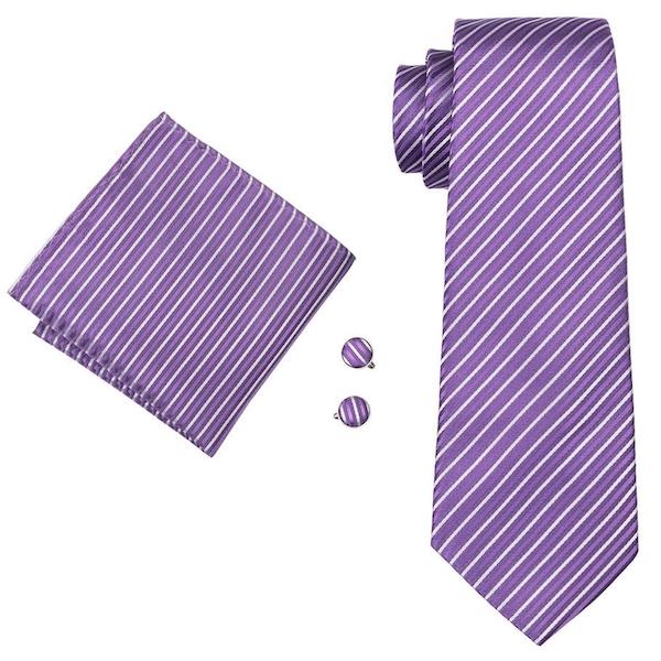 Lavender and white striped silk tie set with matching pocket square and cufflinks