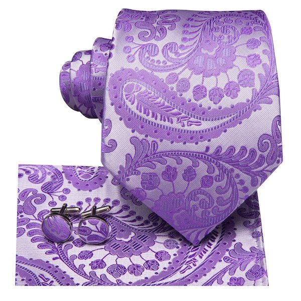 Lavender purple paisley flower silk tie set with matching pocket square and cufflinks