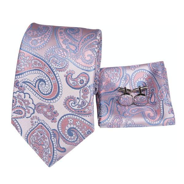 Lavender purple paisley silk necktie set with a matching pocket square and cufflinks