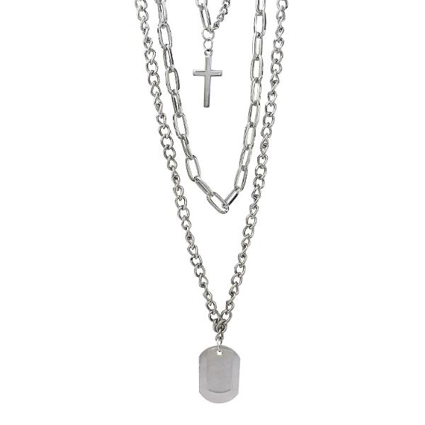 Layered necklace for men with three layers of chain and a cross and dog tag pendant