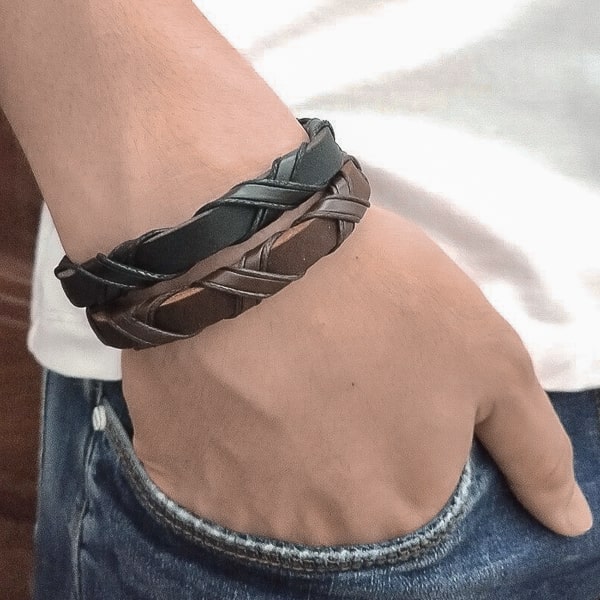 Black leather strap bracelet for men