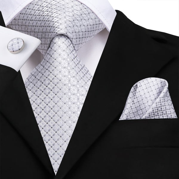 Light silver white dotted silk tie set with matching pocket square and cufflinks