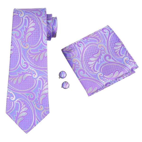Pastel lilac paisley silk tie set with necktie, pocket square, and cufflinks