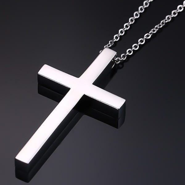 Long large silver cross pendant necklace for men