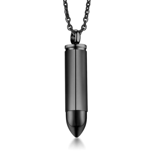 Black Bullet Pendant Hanging On A Black Chain Necklace