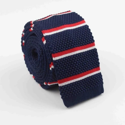 Classy Men Dark Blue Red Striped Square Knit Tie