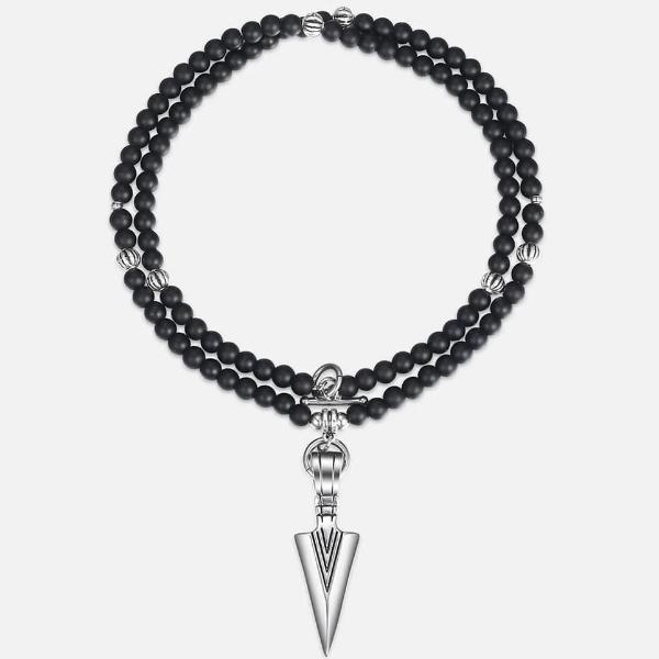 Long black beaded arrow necklace