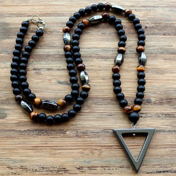 Mens beaded triangle necklace made of black onyx, brown tiger eye, and hematite