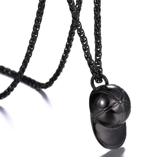 Black baseball cap pendant on a black wheat chain necklace