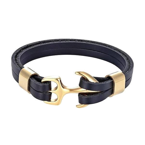 Black and gold leather anchor bracelet for men