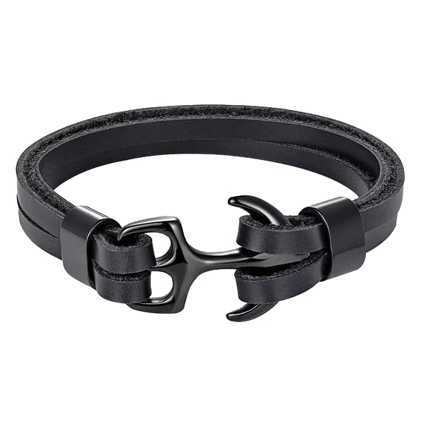 Black leather anchor bracelet for men