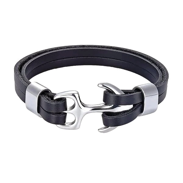 Black and silver leather anchor bracelet for men