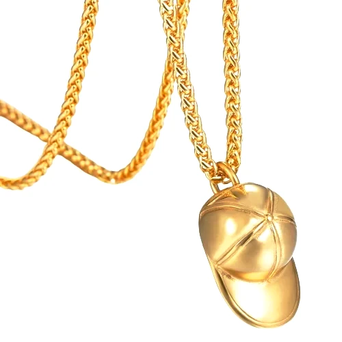 Gold baseball cap pendant on a gold wheat chain necklace