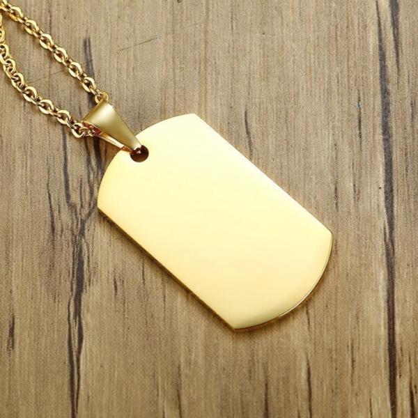 Gold dog tag necklace with chain and pendant