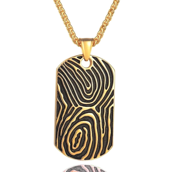 Gold Dog Tag Pendant Necklace With Fingerprint Pattern