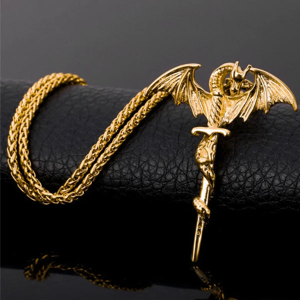 Mens gold dragon sword pendant necklace