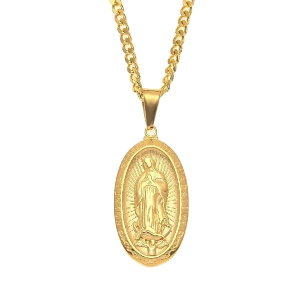 Gold Oval Virgin Mary, Our Lady Of Guadalupe, Miraculous Medal, Pendant Necklace For Men