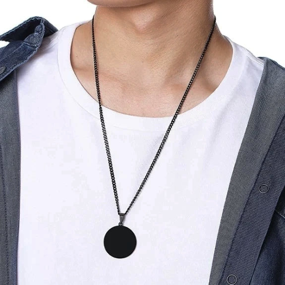 Mens round black pendant necklace