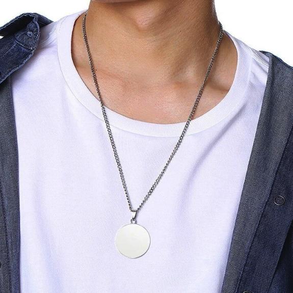 Mens round silver pendant necklace