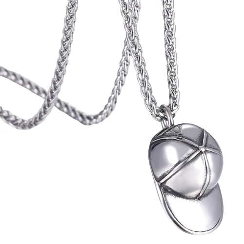 Silver baseball cap pendant on a silver wheat chain necklace