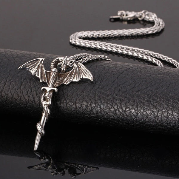 Mens silver dragon sword pendant necklace