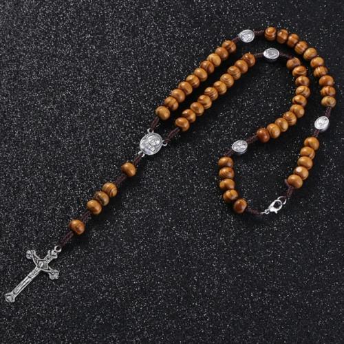 Mens wooden rosary bead necklace with cross