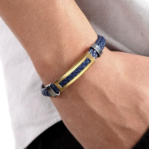 Blue Gold Leather Band Bracelet