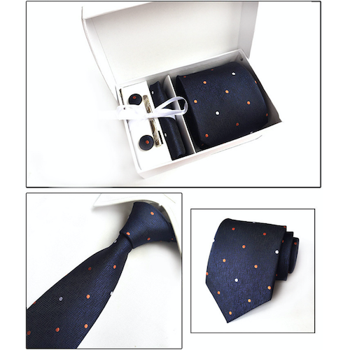 Navy Blue Dotted Suit Accessories Set for Men Including A Necktie, Tie Clip, Cufflinks & Pocket Square