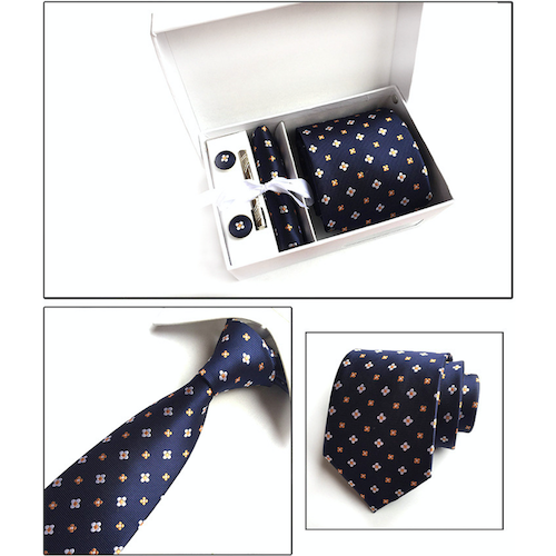 Navy Blue And Orange Floral Suit Accessories Set for Men Including A Necktie, Tie Clip, Cufflinks & Pocket Square