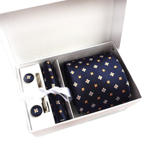 Navy Blue And Orange Floral Suit Accessories Set With Necktie, Tie Clip, Cufflinks & Pocket Square