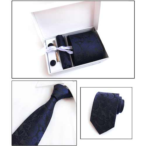 Navy Blue Paisley Suit Accessories Set for Men Including A Necktie, Tie Clip, Cufflinks & Pocket Square