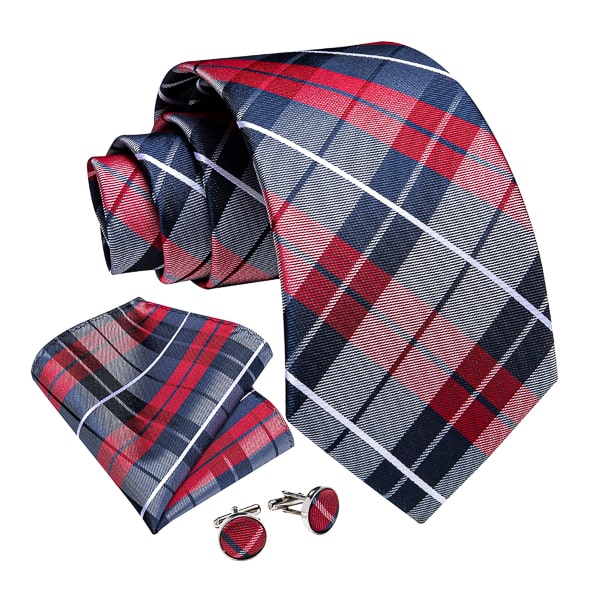 Navy blue and red checkered silk tie set