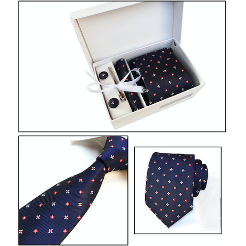 Navy Blue And Red Floral Suit Accessories Set for Men Including A Necktie, Tie Clip, Cufflinks & Pocket Square