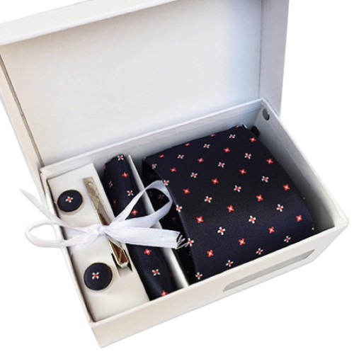 Navy Blue And Red Floral Suit Accessories Set With Necktie, Tie Clip, Cufflinks & Pocket Square