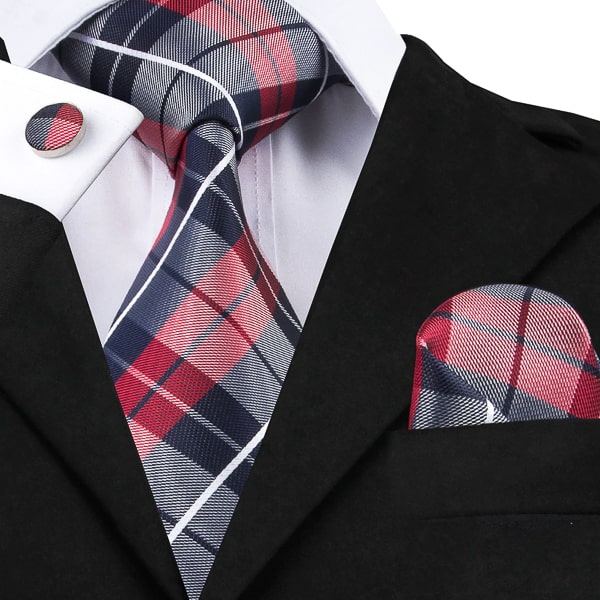 Navy blue and red checkered silk necktie