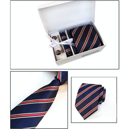 Blue & Red Striped Suit Accessories Set for Men Including A Necktie, Tie Clip, Cufflinks & Pocket Square
