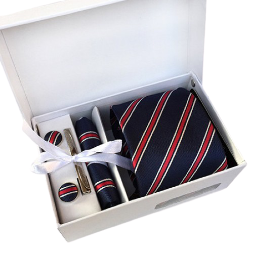 Blue & Red Striped Suit Accessories Set With Necktie, Tie Clip, Cufflinks & Pocket Square