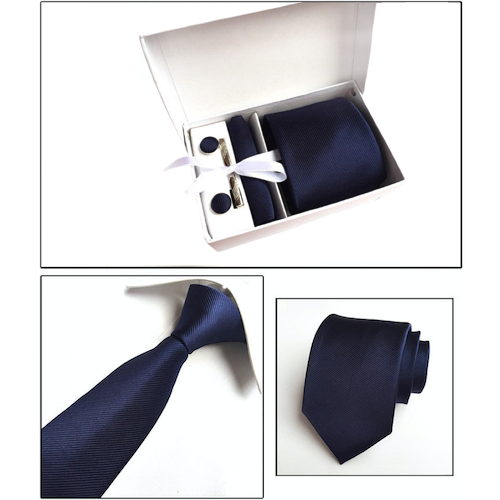 Navy Blue Suit Accessories Set for Men Including A Necktie, Tie Clip, Cufflinks & Pocket Square