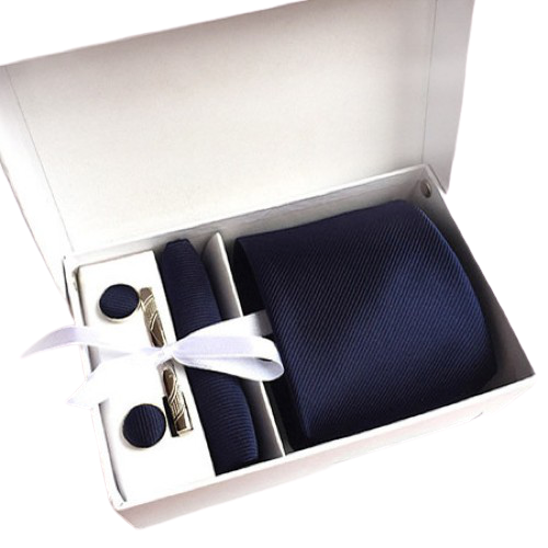 Navy Blue Suit Accessories Set With Necktie, Tie Clip, Cufflinks & Pocket Square