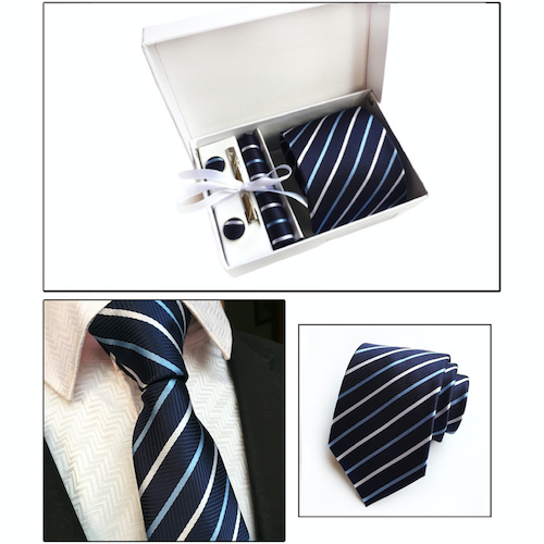 Navy Blue Striped Suit Accessories Set for Men Including A Necktie, Tie Clip, Cufflinks & Pocket Square