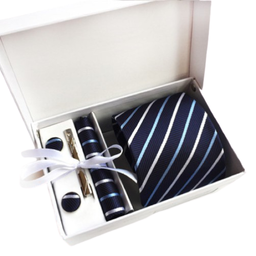 Navy Blue Striped Suit Accessories Set With Necktie, Tie Clip, Cufflinks & Pocket Square