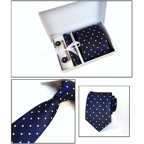 Navy Blue And White Polka Dot Suit Accessories Set for Men Including A Necktie, Tie Clip, Cufflinks & Pocket Square